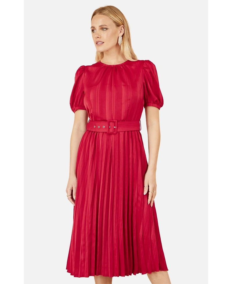 Yumi Women's Striped Satin Midi Dress Stylish Belted Partywear