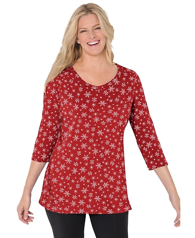 Woman Within Women's Perfect Printed Three-Quarter Sleeve V-Neck Tee
