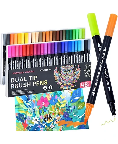 Htutwoo 48 Colors Markers, Dual Tip with Fine Tip and Brush Tip Pens