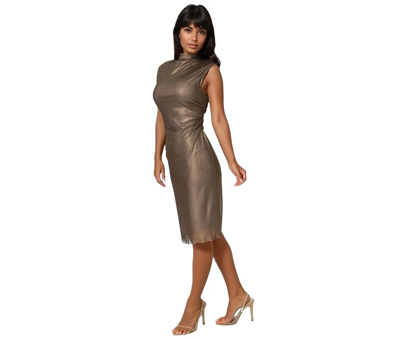 Bebe Women's Foil Mesh Drape Neck Shirred Midi Dress