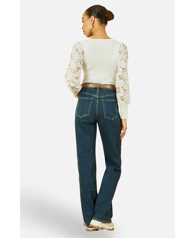 Yumi Women's Ribbed Knitted Lace Sleeve Top