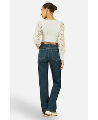 Yumi Women's Ribbed Knitted Lace Sleeve Top