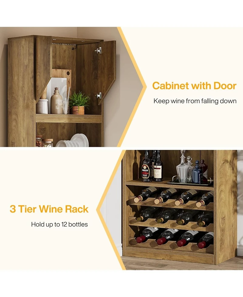 Tribesigns 86.6" Tall Kitchen Cabinet with Stripe Light, Farmhouse Home Bar Liquor Cabinet with Wine Racks