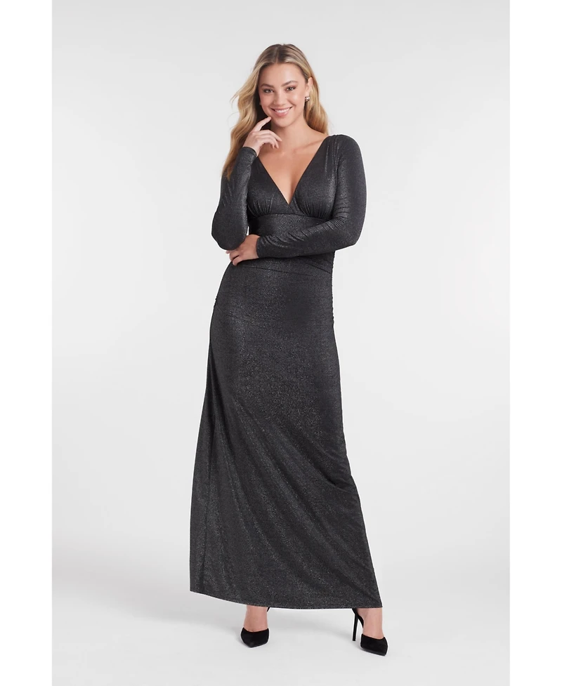 S3 Apparel Women's Sculpting Shapewear Shirred V-Neck Long Sleeve Metallic Maxi Dress