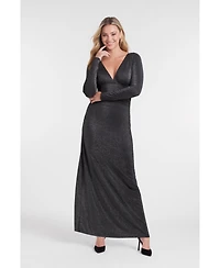 S3 Apparel Women's Sculpting Shapewear Shirred V-Neck Long Sleeve Metallic Maxi Dress