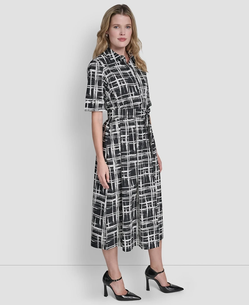 Dkny Women's 3/4-Sleeve Collared Neck Cotton Midi Shirtdress