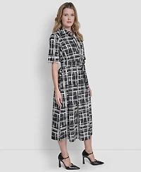 Dkny Women's 3/4-Sleeve Collared Neck Cotton Midi Shirtdress