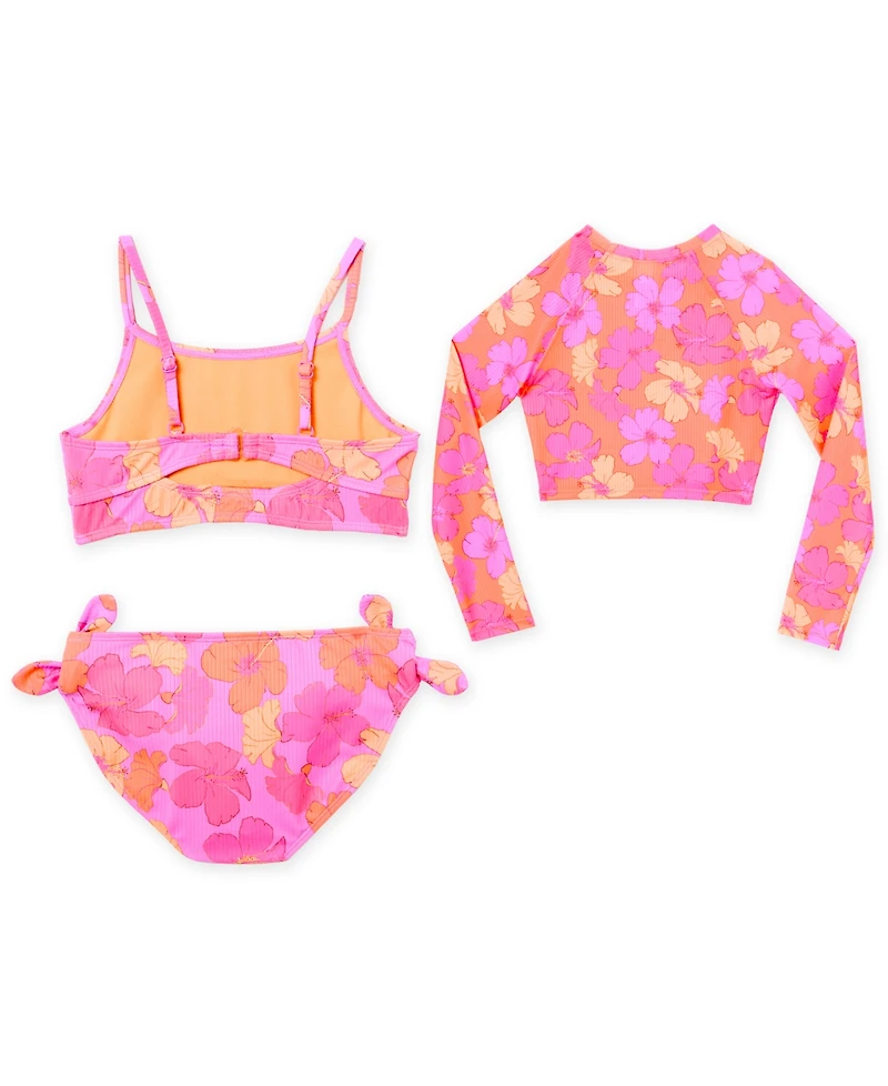 Angel Beach Girls 7-16 Hibiscus Print Rash Guard, Bikini and Hipster Bottom, 3-Piece Set