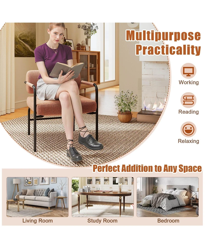 Costway 1 Pcs Modern Velvet Upholstered Accent Chair with Cylindrical Backrest & Metal Armrests