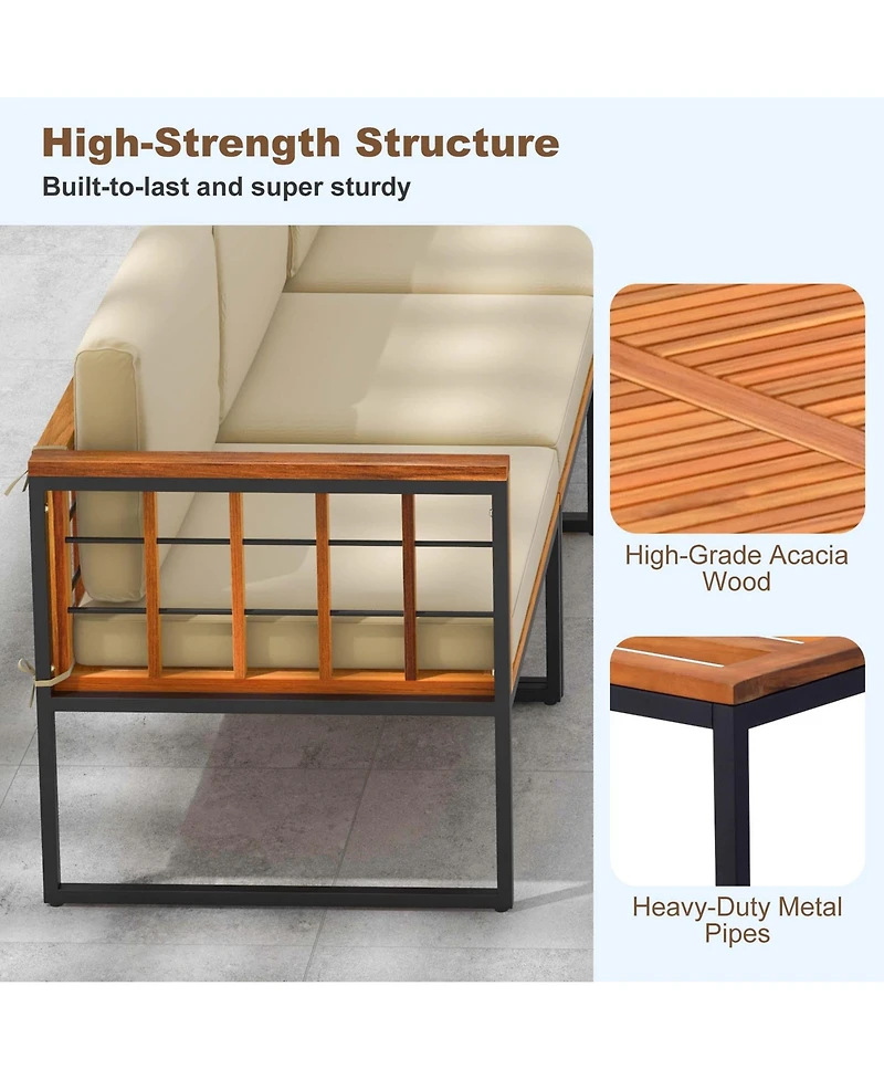 5 Pcs Patio Furniture Set Acacia Wood Sectional Set with Seat & Back Cushions