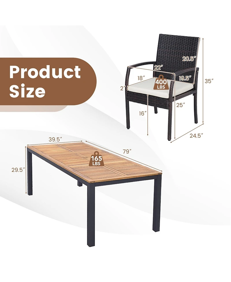 9 Pcs Patio Rattan Dining Set with Acacia Wood Table, Cushions, 1.9" Umbrella Hole