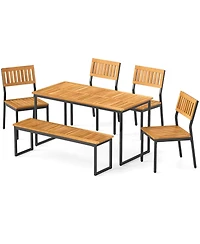 Costway 6 Pcs Outdoor Acacia Wood Dining Set with Bench and 2" Umbrella Hole Outdoor Patio