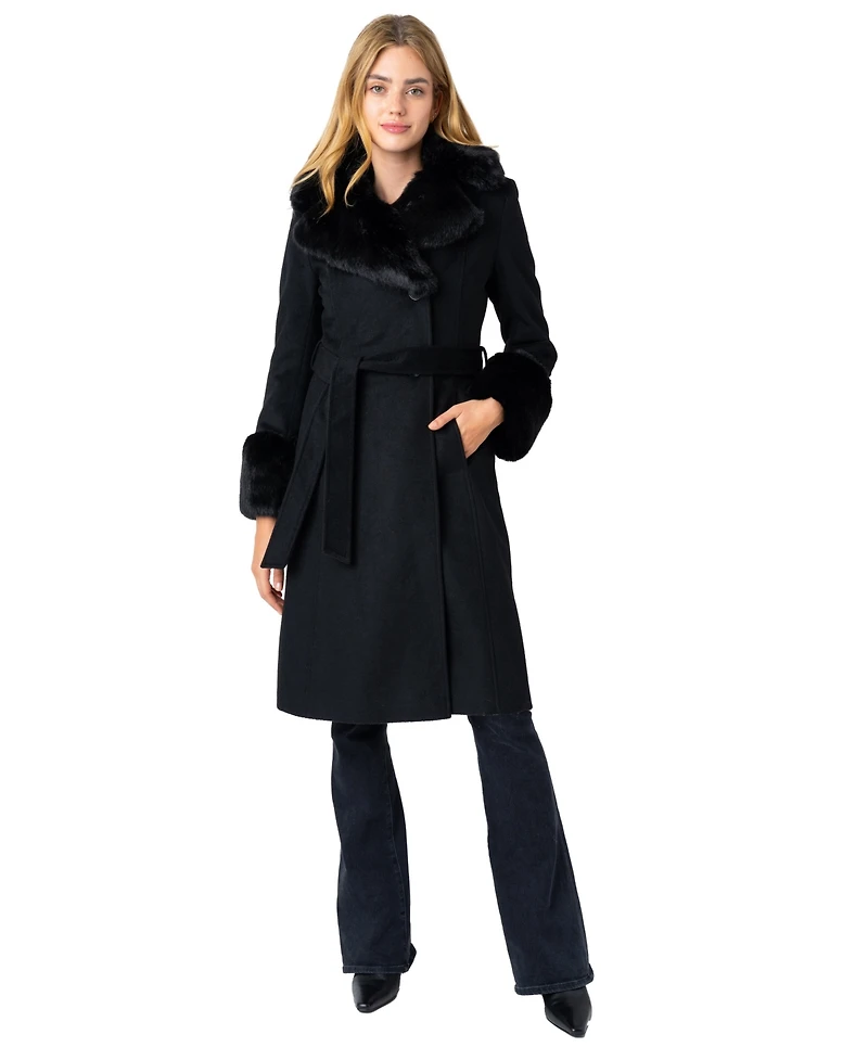 Via Spiga Belted W/Faux Fur Collar & Cuff