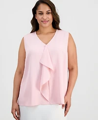 Kasper Plus V-Neck Cascade-Ruffle-Front Blouse