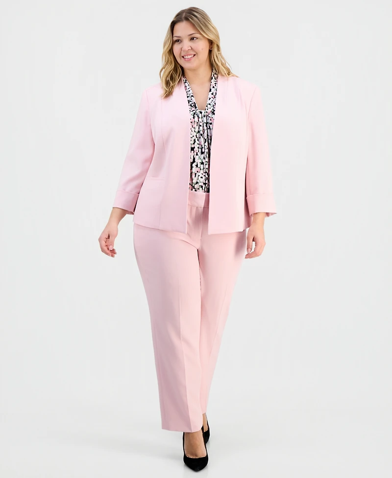 Kasper Plus Stretch Crepe Open-Front 3/4-Sleeve Collarless Blazer