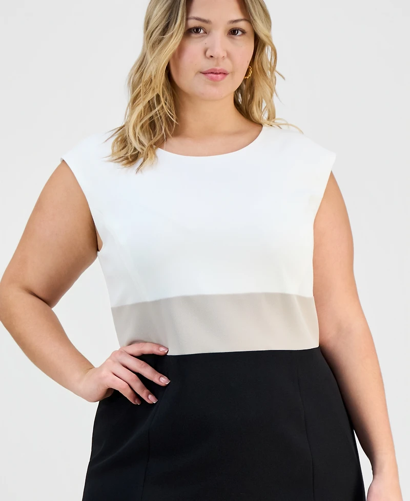 Kasper Plus Round-Neck Colorblocked Crepe Sheath Dress