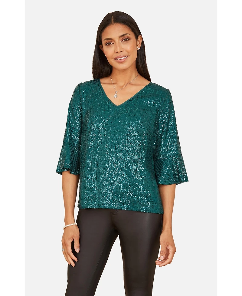 Yumi Women's Fluted Sleeve Sequin Top