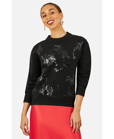Yumi Women's 's Relaxed Fit Floral Sequin Sweater