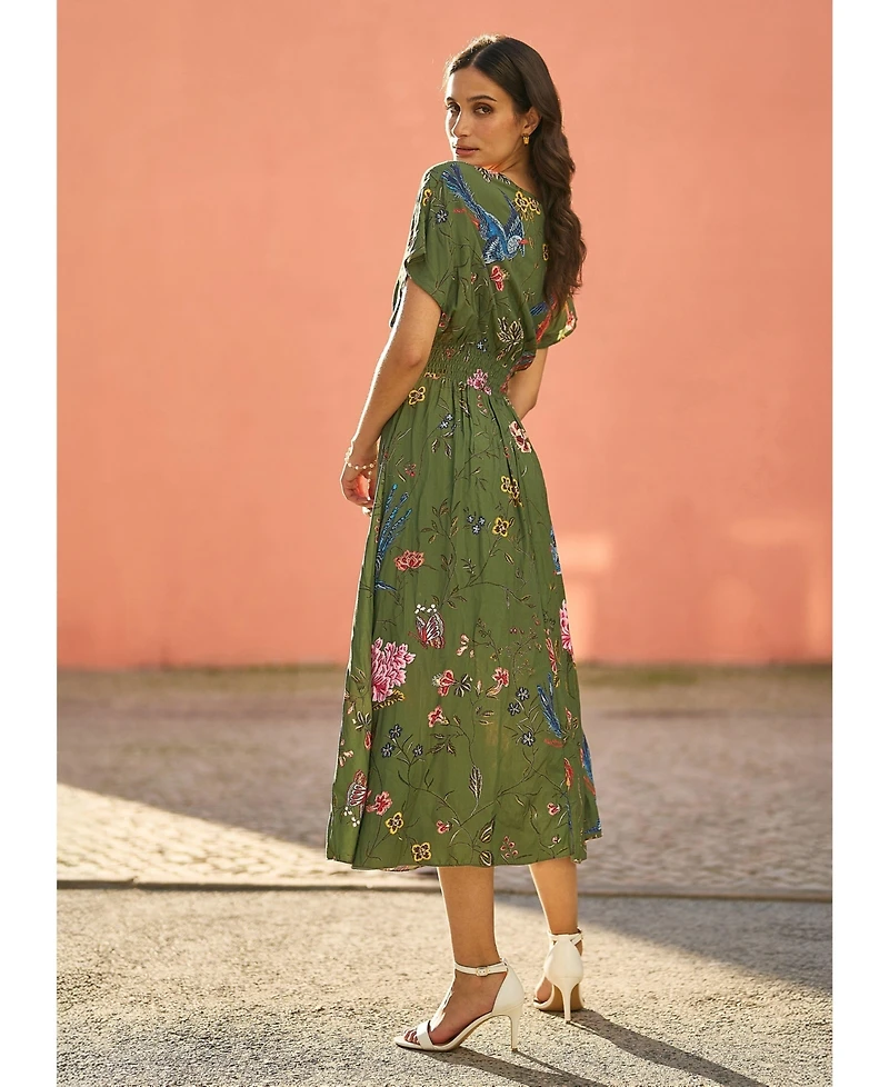 Yumi Women's Ruched Waist Kimono Sleeve Midi Dress