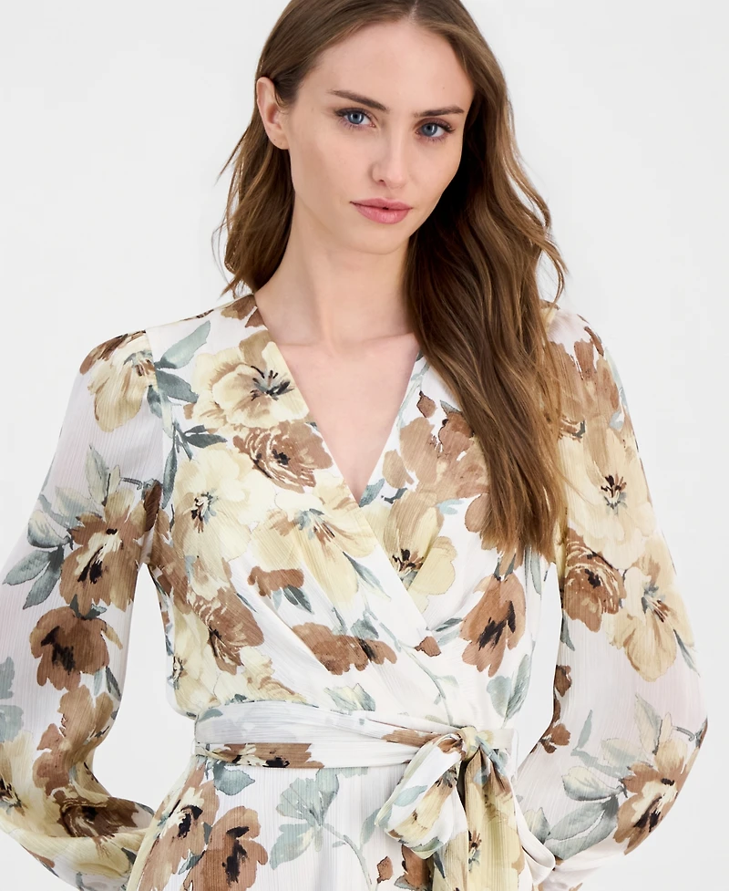 Anne Klein Petite Smocked Cuff-Sleeve V-Neck Midi Dress