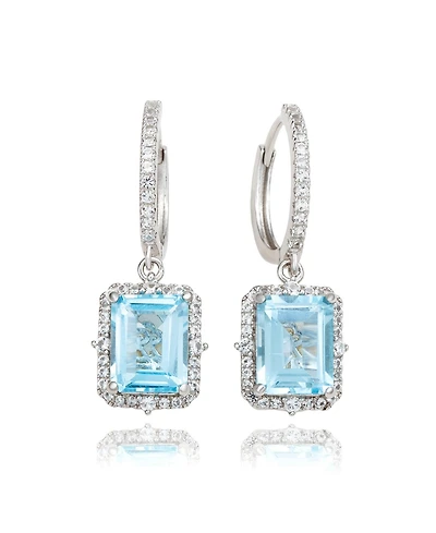 Suzy Levian Sterling Silver Emerald Cut Gemstone Halo Dangling Earrings