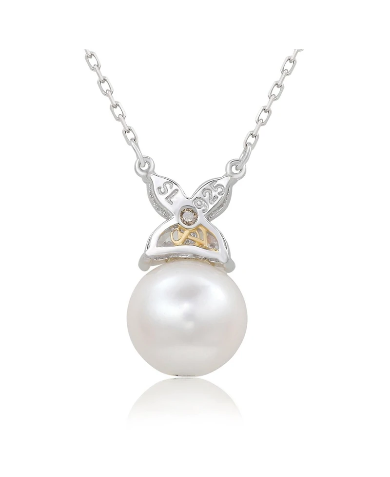 Suzy Levian Sterling Silver Freshwater Pearl & White Sapphire Marquise Flower Cluster Necklace