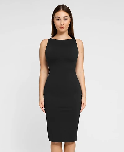 Popilush Women's Shapewear Sleeveless Boatneck Sculpting Midi Work Dress