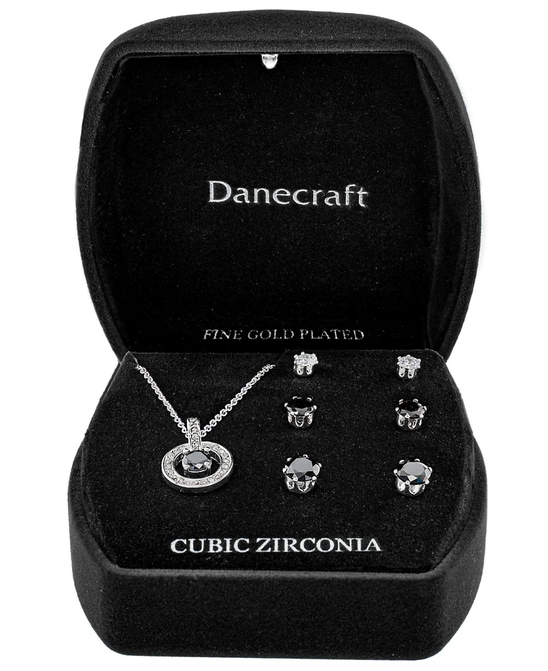 Giani Bernini Silver-Tone Cubic Zirconia Round Pendant Necklace and 3 of Pair Stud Earrings Set