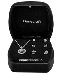 Giani Bernini Silver-Tone Cubic Zirconia Round Pendant Necklace and 3 of Pair Stud Earrings Set