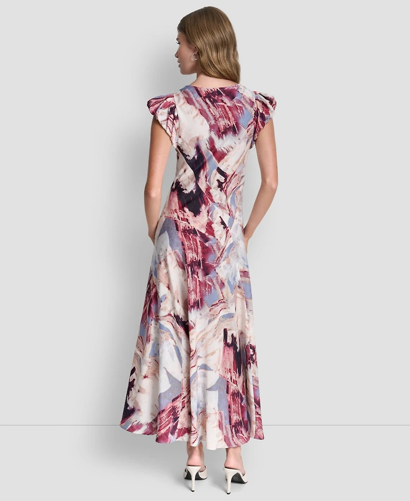 Dkny Women's Puff-Sleeve Printed Satin Bias Cut Dress