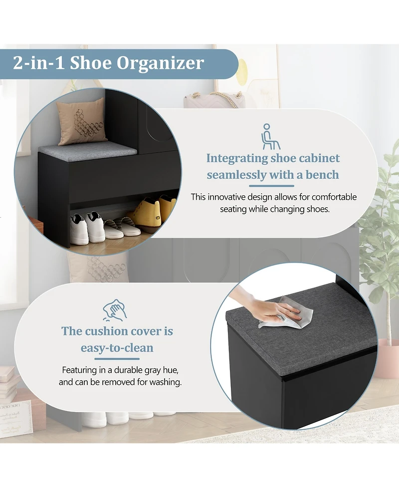Slickblue Shoe Storage Bench with Cushion Seat, Doors, and Shelves