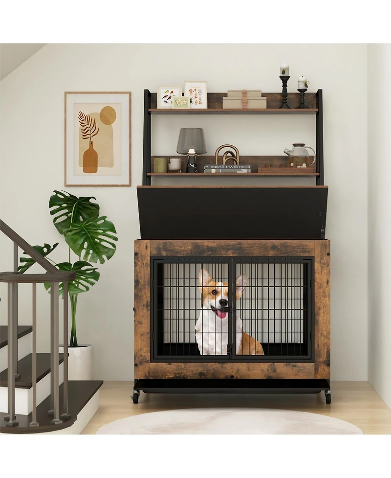 Gymax Dog Crate Furniture w/ Storage Shelves Industrial Dog Kennel w/ Flip-up Top