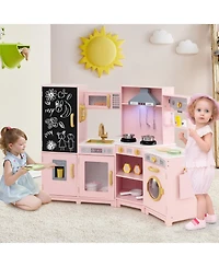 Gymax Corner Kids Play Kitchen Wooden Pretend Toy Kitchen w/ Realistic Lights