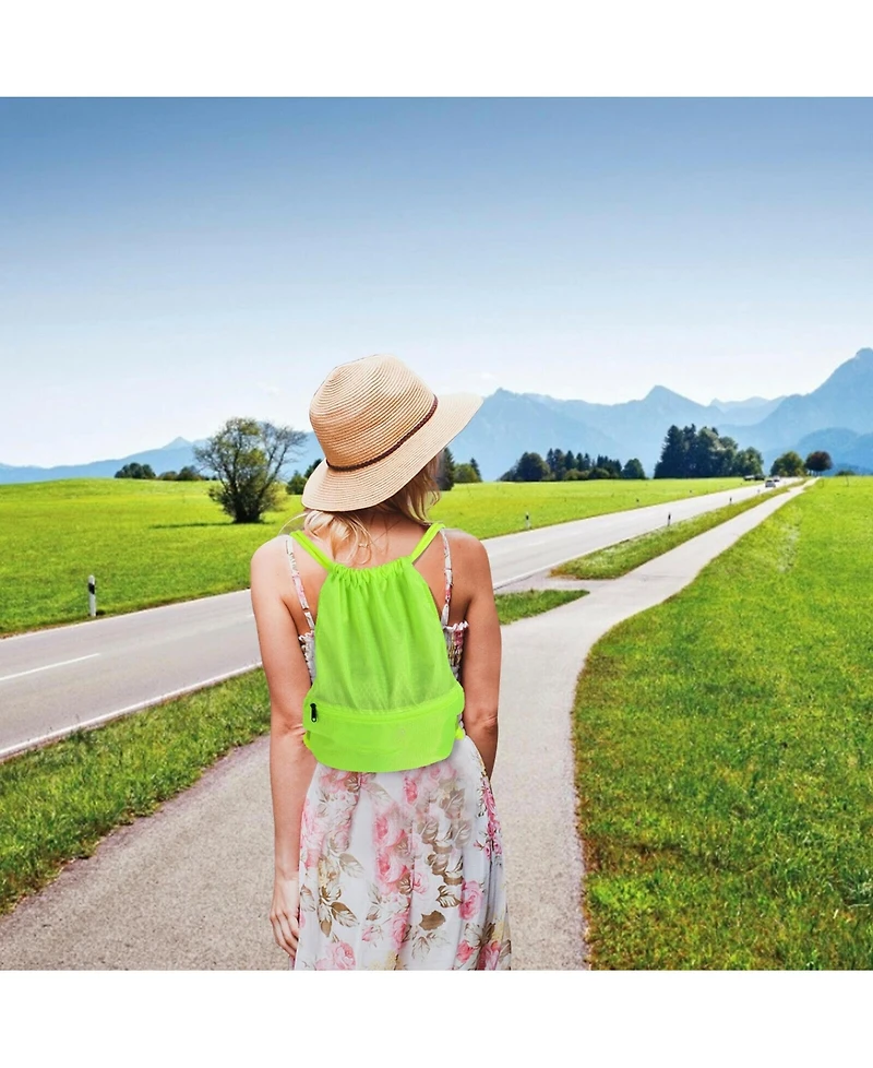 Sugift Drawstring Backpack String Bag Foldable Sports Sack with Zipper Pocket-Green