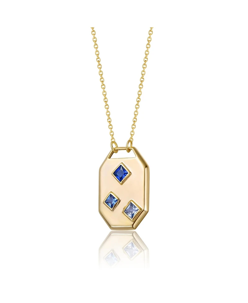 14K Gold Plated Blue Cubic Zirconia Geometric Dog Tag Pendant Necklace