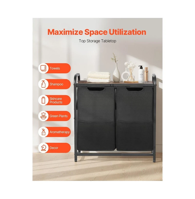 Slickblue 2-Section Laundry Sorter with Pull-Out Bags and Wooden Top