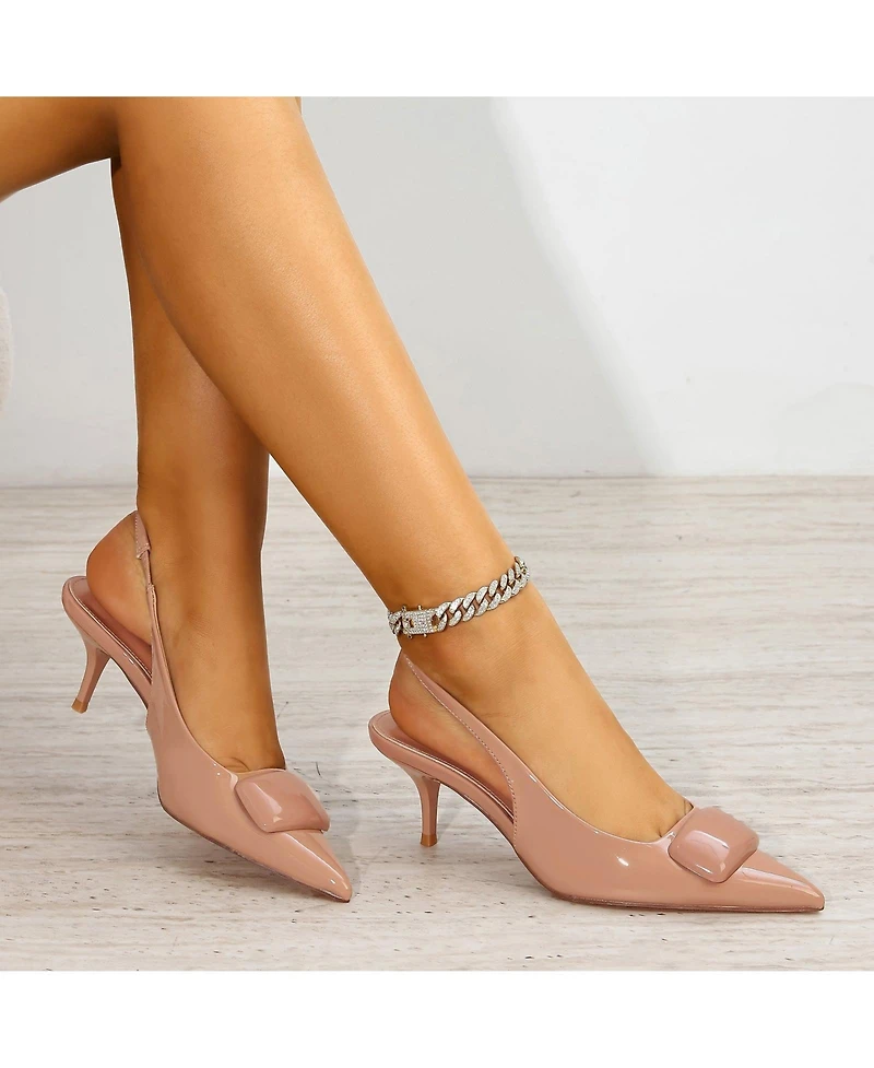 Berness Women's Jennifer Patent Slingback Kitten Heels with Geometric Embellishment