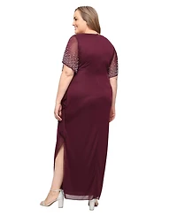 Alex Evenings Plus Embellished-Sleeve Draped Chiffon Gown