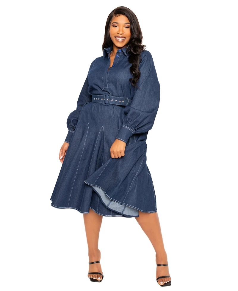 Buxom Couture Plus Size Denim Belt Shirt Dress