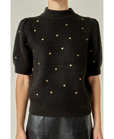 English Factory Women's Heart Women's-Embroidered Puff Sleeve Knit