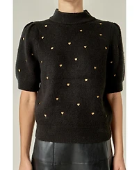 English Factory Women's Heart Women's-Embroidered Puff Sleeve Knit