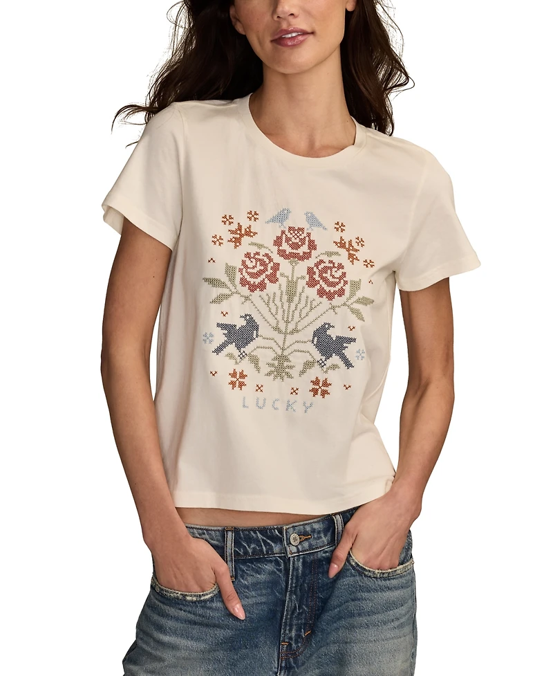 Lucky Brand Women's Cross Stitch Floral Crewneck T-Shirt
