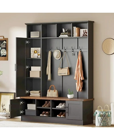 Streamdale Furniture Versatile 3-in-1 Hall Tree with 6 Hooks Walnut Storage Bench 55" Entryway Coat Rack