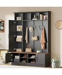 Streamdale Furniture Versatile 3-in-1 Hall Tree with 6 Hooks Walnut Storage Bench 55" Entryway Coat Rack