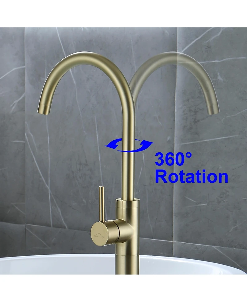 Boyel Living Freestanding Floor Mount Single Handle Bath Tub Filler Faucet with Water Supply Lines in Brushed Gold