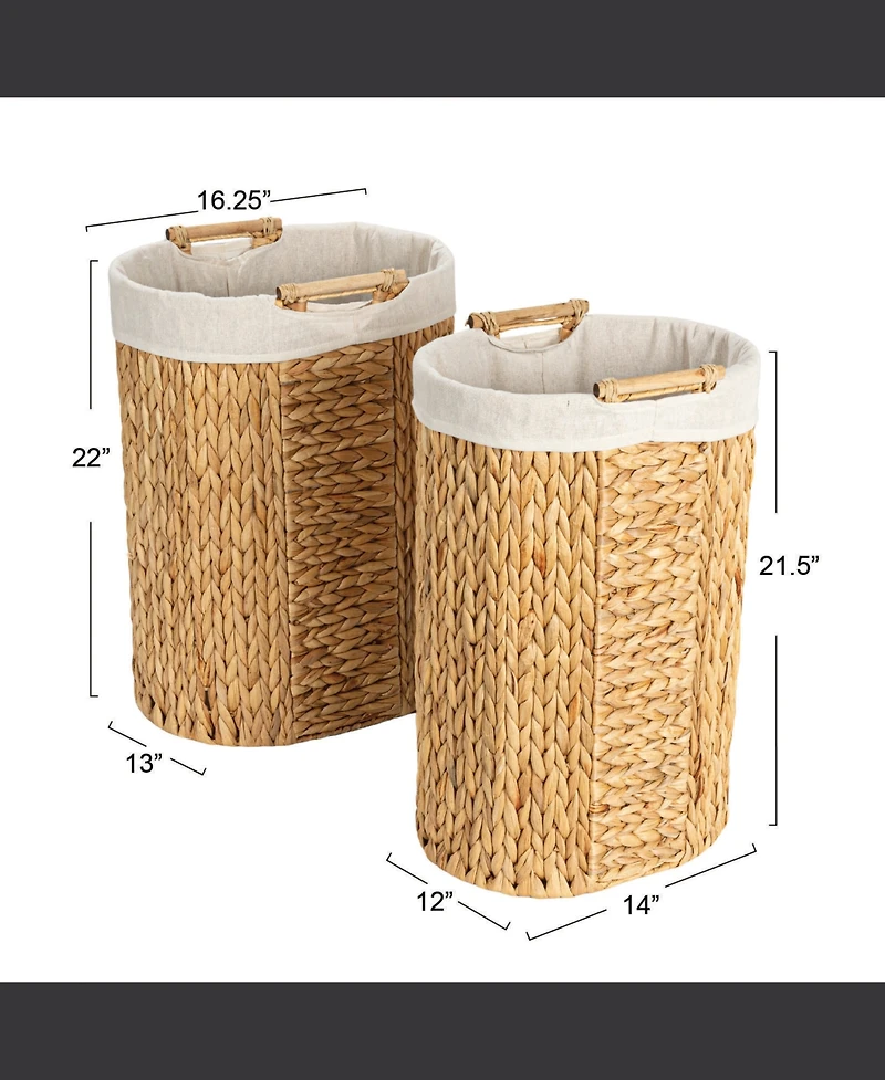 Household Essentials Handwoven Water Hyacinth Oval Hamper Set with Cotton Lining, Natural, Set of 2