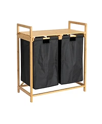 Household Essentials Pull Out Double Hamper with Shelf, Natural and Black