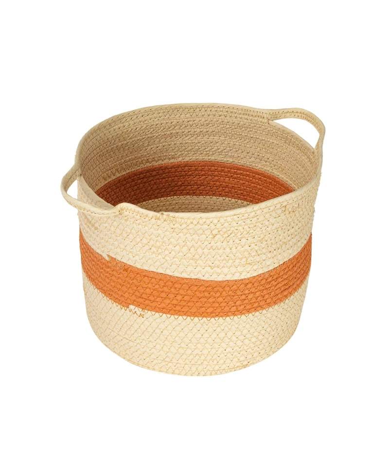 Household Essentials Round Handwoven Paper Rope Basket with Terracotta Stripe and Handles, Natural