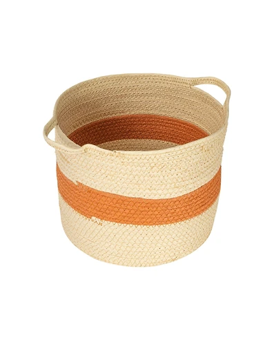Household Essentials Round Handwoven Paper Rope Basket with Terracotta Stripe and Handles, Natural