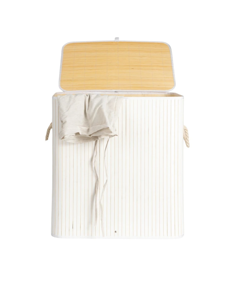 Household Essentials Bamboo Double Laundry Hamper with Rope Handles, 39-Gallons, White